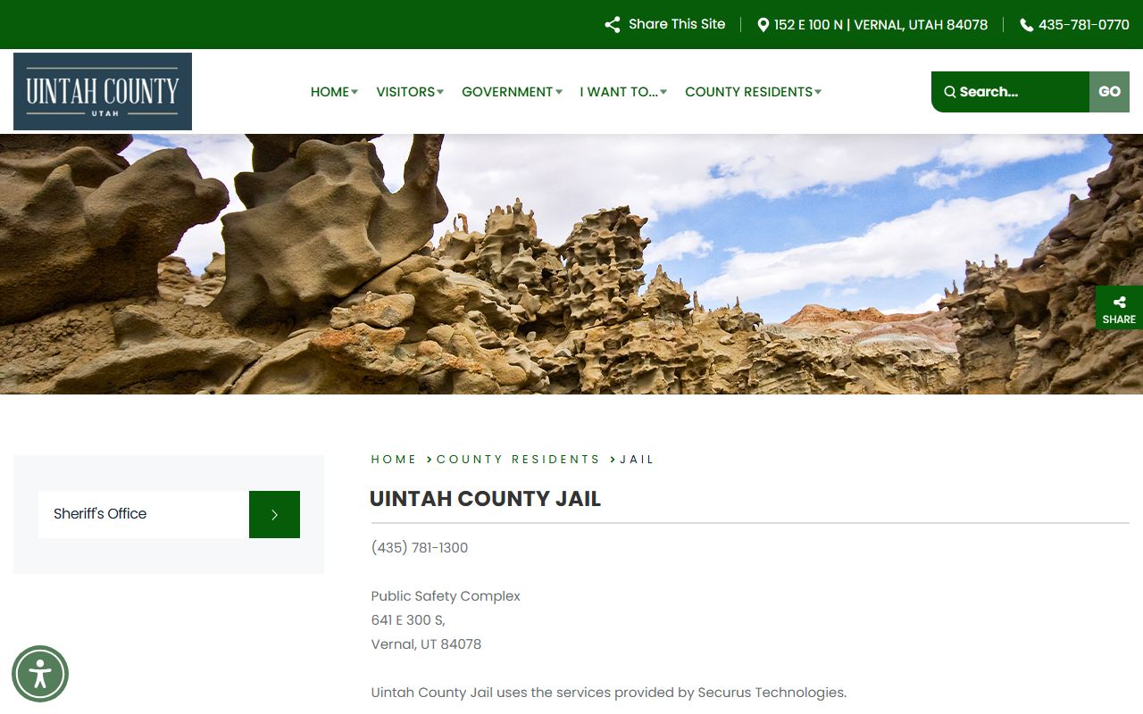 Uintah County Jail page for inmate population and custody contacts